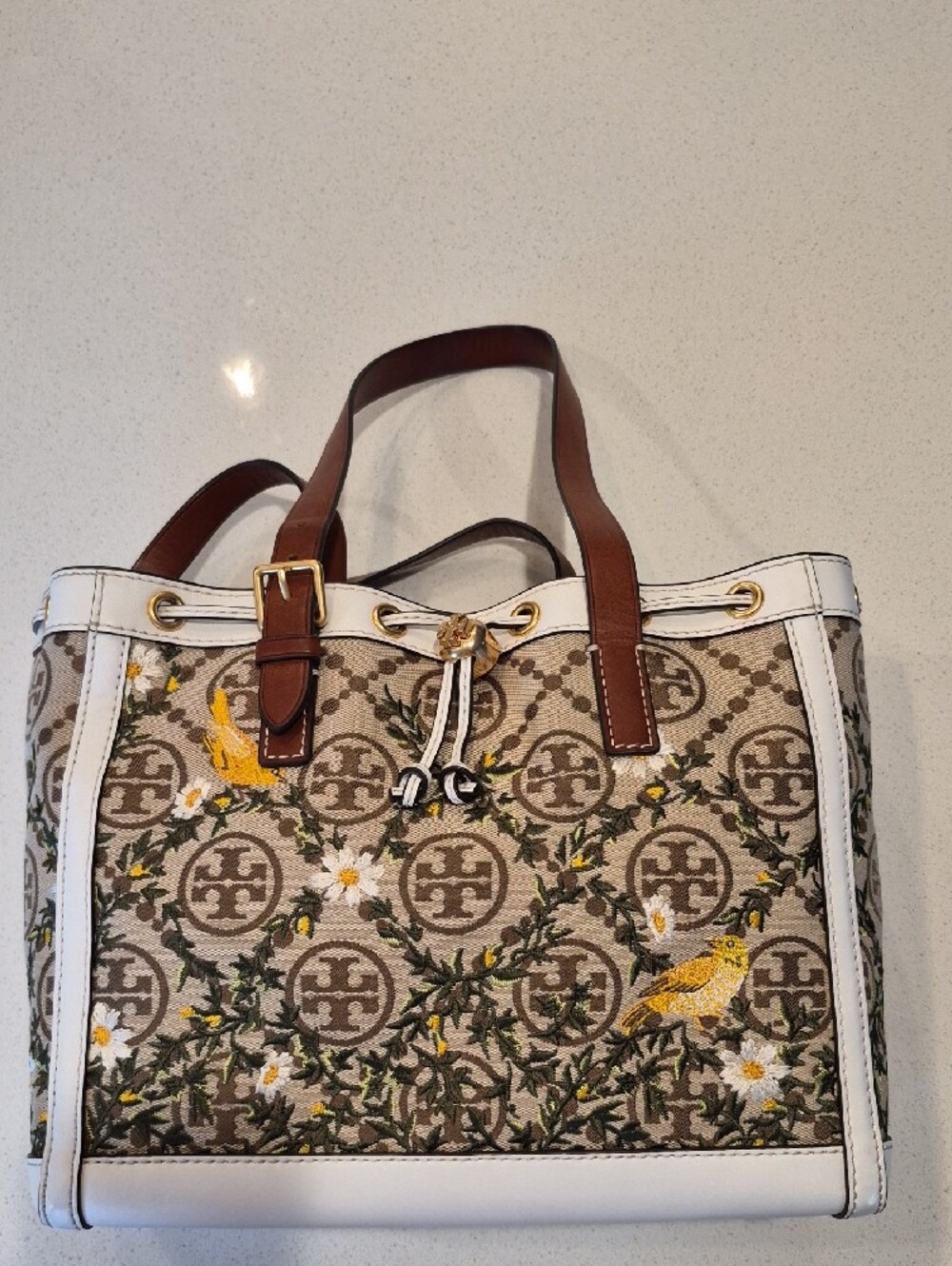 Tory Burch "T" monogram daisie and goldfinch brocade satchel - EUC - Picture 6 of 9